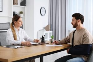 An experienced dog bite lawyer in Defiance discussing legal options with an injured client who has their arm in a sling.