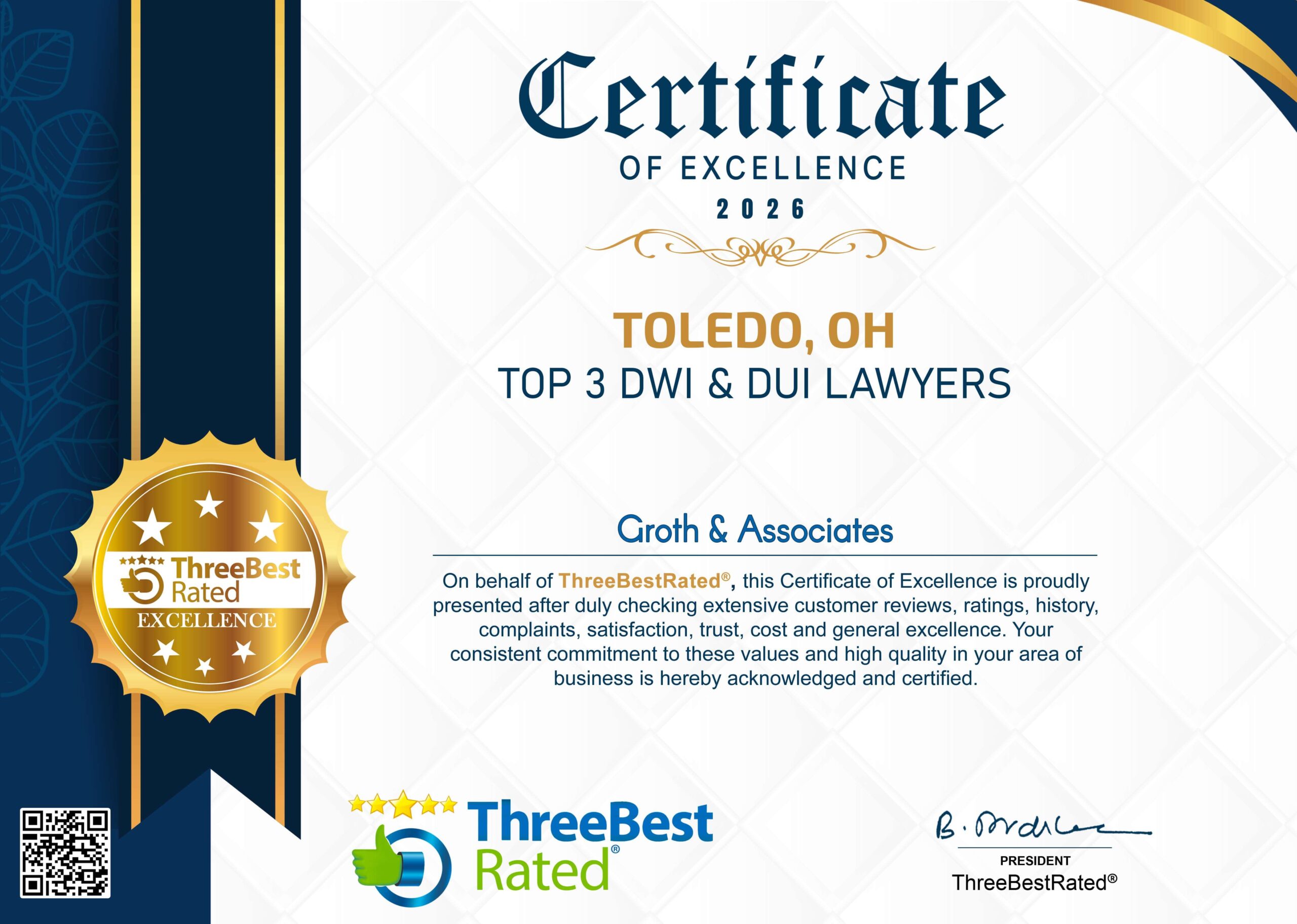 2026 Certificate of Excellence from ThreeBestRated naming Groth & Associates a Top 3 DWI & DUI Lawyer in Toledo, Ohio.