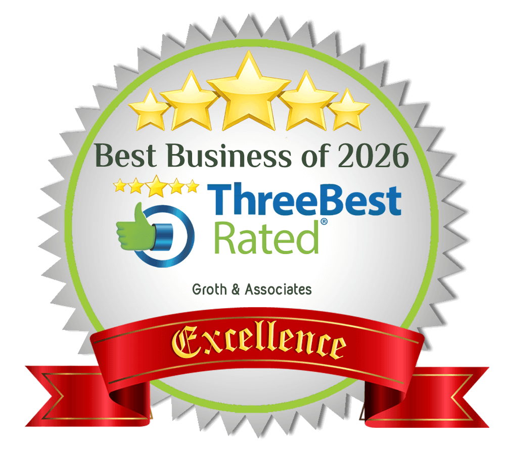 ThreeBestRated Best Business of 2026 award badge recognizing Groth & Associates for excellence.